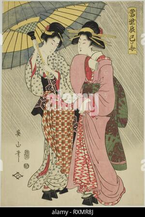 Zwei Mädchen unter einem Regenschirm, aus der Serie "Zeitgenössische Blumen der Südosten (Tosei Tatsumi no hana)". Kikukawa Eizan; Japanisch, 1787-1867. Datum: 1807. Abmessungen: 36,3 x 25,5 cm (14 1/4 in. x 10 in.). Farbe holzschnitt; Oban. Herkunft: Japan. Museum: Das Chicago Art Institute. Stockfoto