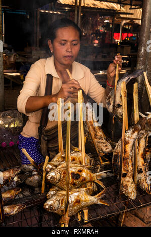 Kambodscha, Phnom Penh, Oudong, Lebensmittelmarkt, Frau grillen Fluss Fisch in Bambus zur Veräußerung gehalten zu essen Stockfoto