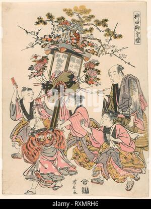 Durchführung einer Laterne geschmückt mit einem Pavillon, Gohei, Blumen, und Lüfter (kishimoto-cho-cho keine banto Rosoku), aus der Serie "Das Festival der Kanda Schrein (Kanda gehen - sairei)". Torii Kiyonaga; Japanisch, 1752-1815. Datum: 1774-1784. Abmessungen: 26,1 x 19,8 cm. Farbe holzschnitt; chuban, nishiki-e. Herkunft: Japan. Museum: Das Chicago Art Institute. Stockfoto