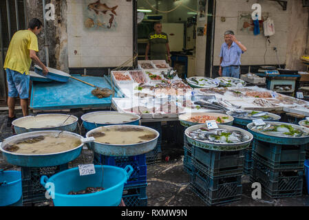 Neapel, Italien - 15. August 2015: Einblick auf dem Fischmarkt von Neapel. Viele Fässer von Fisch und Tintenfisch. Stockfoto