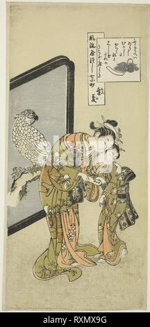 Parrot Komachi (Omu Komachi), aus der Serie der Sieben modischen Aspekten der Komachi (Furyu yatsushi nana Komachi). Suzuki Harunobu?? ??; Japanisch, 1725 (?) -1770. Datum: 1755-1769. Abmessungen: 31,8 x 15,0 cm (12 1/2 x 5 7/8 in.). Farbe holzschnitt; hosoban. Herkunft: Japan. Museum: Das Chicago Art Institute. Stockfoto