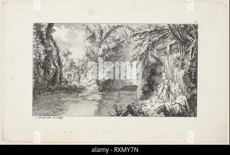 Landschaft mit einem Walker und eine Kaskade, Platte 5 aus dem zweiten Suite Livre de Paysages (Buch der Landschaften). Jean-Pierre-Louis-Laurent Hoüel; Französisch, 1735-1813. Datum: 1758. Abmessungen: 85 x 150 mm (Bild); 108 × 175 mm (Platte); 128 × 203 mm (Blatt). Ätzen in Schwarz auf Weiß Bütten. Herkunft: Frankreich. Museum: Das Chicago Art Institute. Stockfoto
