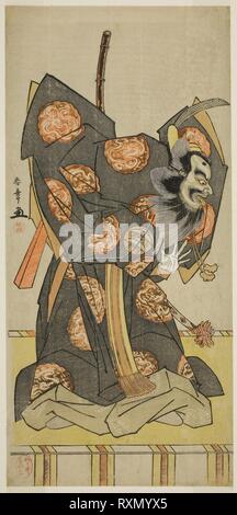 Der Schauspieler Nakajima Mihoemon II als Shujaku Tenno in den Spielen keine Hatsuyuki Masakado Kammuri, durchgeführt an der Nakamura Theater im elften Monat, 1777. Shunsho Katsukawa?? ??; Japanisch, 1726-1792. Datum: 1772-1782. Abmessungen: 31,8 x 14,9 cm (12 1/2 x 5 7/8 in.). Farbe holzschnitt; hosoban; aus einer Komposition mit mehreren Blättern. Herkunft: Japan. Museum: Das Chicago Art Institute. Stockfoto