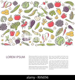 Landwirtschaftliche flyer Vorlage mit Hand gezeichnet Gemüse, flacher Stil Vektor. Verschiedene organische Produkt für gesundes Essen. Für text Stock Vektor