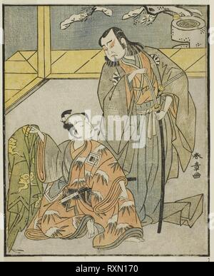 Die Schauspieler Nakamura Denkuro II als Suma Dairyo (rechts), und Ichikawa Komazo II als Ariwara no Yukihira (links), in der Spielen Kuni no Hana Ono keine Itsumoji, durchgeführt an der Nakamura Theater im elften Monat, 1771. Shunsho Katsukawa?? ??; Japanisch, 1726-1792. Datum: 1767-1777. Abmessungen: 17,1 x 14,1 cm (6 3/4 x 5 9/16 in.). Farbe holzschnitt; aus dem Bildband Yakusha Kuni no Hana (prominente Schauspieler von Japan). Herkunft: Japan. Museum: Das Chicago Art Institute. Stockfoto