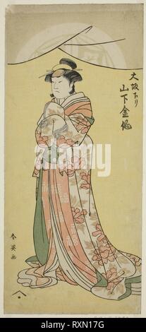 Der Schauspieler Yamashita Kinsaku II als das Zimmermädchen Tsumagi im Spiel "Otokyama O-Edo keine Ishizue, 'am Kiri Theater im elften Monat, 1794 durchgeführt. Katsukawa Shun'ei; Japanisch, 1762-1819. Datum: 1789-1799. Abmessungen: 33 x 14,8 cm (13 x 5 13/16 in.). Farbe holzschnitt; hosoban. Herkunft: Japan. Museum: Das Chicago Art Institute. Stockfoto