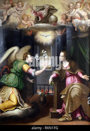 Die Verkündigung, Kreis von Giorgio Vasari, Bardi di Mangona Kapelle in der Basilika di Santa Croce (Basilika des Heiligen Kreuzes) in Florenz, Italien Stockfoto