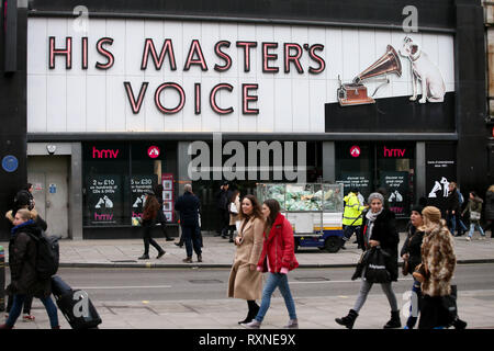 HMV durch kanadische Gruppe Sunrise Datensätze gekauft worden. Der Flagship Store in der Oxford Street werden nicht unter den neuen Bedingungen wieder geöffnet werden und hat seit Weihnachten - London mit: Atmosphäre, Wo: London, Vereinigtes Königreich, wenn: 07 Feb 2019 Credit: WENN.com geschlossen Stockfoto