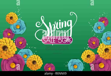 Frühling Verkauf Hintergrund mit Papier Blumen. Vector Illustration Vorlage. Banner. Tapete. Flyer, Einladungen, Poster. Stock Vektor