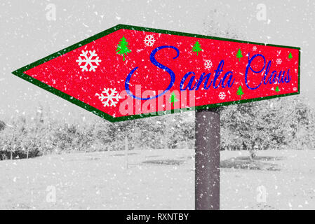 Christmas.Santa Claus Zeichen mit einer verschneiten Hintergrund-Szene. Stockfoto