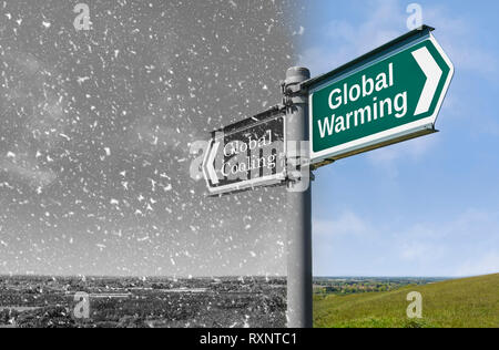 Die globale Erwärmung vs Globale Abkühlung Konzept Zeichen, wärmere und kühlere Wetter in einer Zeit des Klimawandels. Stockfoto