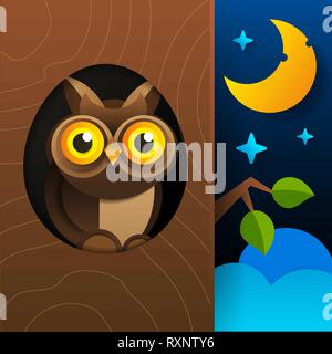Cute Eule sitzen im hohlen Baum, ausgehöhlten alten Baum und Niedliche Tier Cartoon Character Vector Stock Vektor