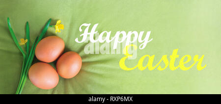 Frohe Ostern Text, Schrift auf einem Velvet, Olive, grüner Hintergrund mit orangefarbenen Eier und Narzissen. Abbildung: Grußkarte, Förderung, Poster, Flyer Stockfoto