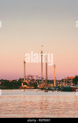 Stockholm Sonnenuntergang Blick von Gröna Lund Freizeitpark auf der Insel Djurgarden in Schweden Stockfoto