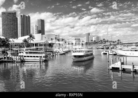 Miami, USA - 29. Februar 2016: Hafen der Stadt oder Hafen mit hohen Gebäuden und Piers mit Schiffen Schiffen auf See Wasser Oberfläche oder Vertäue an einem sonnigen Tag auf blauen Himmel Stockfoto