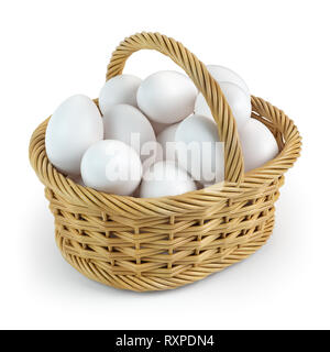 Weiße Eier im Korb auf weißem Hintergrund. 3D-Darstellung Stockfoto