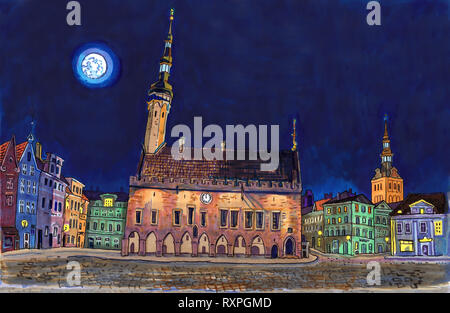 Rathausplatz in Tallinn Altstadt bei Nacht. Historische Architektur, St. Nikolaus oder Kirche Niguliste, City Lights, Vollmond. Baltischen Staaten Stockfoto