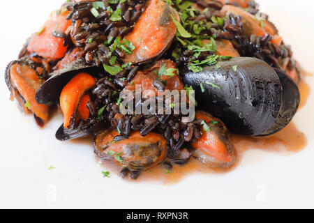 Miesmuscheln mit schwarzer Reis, mit gehackten Tomaten, Olivenöl, Knoblauch, Gewürze und Petersilie gekocht. Fisch essen fertig zu essen. Close-up Stockfoto