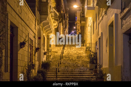 Nacht Blick auf eine Gasse mit vielen Schritten, Lichter und Handlauf von alten Fassaden abgedeckt. Einige Blumen im Topf. In Malta entfernt. Europa Stockfoto