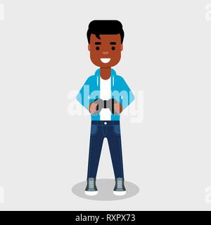 Junge afrikanische amerikanische Holding ein Gamepad Controller. Lächelnde Junge spielt ein Video Spiel. Video Spiel sucht Konzept. Charakter holding Drone remote Stock Vektor