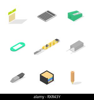 Reihe von Icons auf weißem Hintergrund, im Büro und in der Schule isoliert. Flache isometrische 3D-Stil, Vector Illustration. Stock Vektor