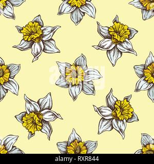 Nahtlose Muster mit Hand gezeichnete farbige Daffodil Stock Vektor