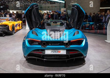 Genf, Schweiz - 6. MÄRZ 2019: McLaren 720S Sport Auto auf dem 89. Internationalen Automobilsalon in Genf präsentiert. Stockfoto