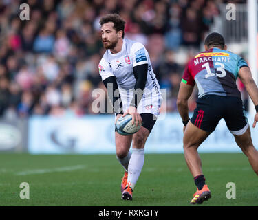 London, Großbritannien. 10. Mär 2019. Danny Cipriani von Gloucester während Gallagher Premiership Übereinstimmung zwischen Harlekine und Gloucester Rugby in Twickenham Stoop am Sonntag, den 10. März 2019. LONDON ENGLAND. (Nur redaktionelle Nutzung, eine Lizenz für die gewerbliche Nutzung erforderlich. Keine Verwendung in Wetten, Spiele oder einer einzelnen Verein/Liga/player Publikationen.) Credit: Taka G Wu/Alamy Nachrichten Stockfoto