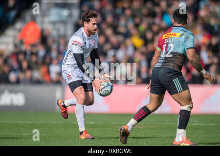 London, Großbritannien. 10. Mär 2019. Danny Cipriani von Gloucester während Gallagher Premiership Übereinstimmung zwischen Harlekine und Gloucester Rugby in Twickenham Stoop am Sonntag, den 10. März 2019. LONDON ENGLAND. (Nur redaktionelle Nutzung, eine Lizenz für die gewerbliche Nutzung erforderlich. Keine Verwendung in Wetten, Spiele oder einer einzelnen Verein/Liga/player Publikationen.) Credit: Taka G Wu/Alamy Nachrichten Stockfoto