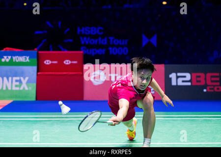 Birmingham, Großbritannien. 10. März, 2019. All England Open Badminton Championships: TAG 5 Frauen singles Endrunden BIRMINGHAM, ENGLAND - MÄRZ: CHEN yuchi von China in Aktion in der Damen Finale gegen TAI 1176 Ying von Chinesisch Taipei an der Yonex All England Open Badminton Championships im Arena Birmingham am März 10, 2019 Birmingham, England Credit: PATRICK ANTHONISZ/Alamy leben Nachrichten Stockfoto