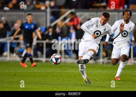 San Jose, Kalifornien, USA. 9 Mär, 2019. Minnesota United defender Francisco Calvo (5) an der MLS-Spiel zwischen Minnesota Vereinigten und die San Jose Earthquakes bei Avaya im Stadion in San Jose, Kalifornien. Chris Brown/CSM/Alamy leben Nachrichten Stockfoto