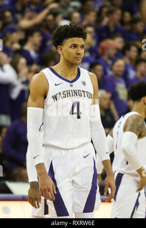 Seattle, WA, USA. 9 Mär, 2019. Washington Huskies guard Matisse Thybulle (4) Während einer Hochschule Herren Basketball Spiel zwischen der Oregon Ducks und die Washington Schlittenhunde in Alaska Airlines Arena in Seattle, WA. Die Ducks besiegten die Schlittenhunde 55-46. Sean Brown/CSM/Alamy leben Nachrichten Stockfoto