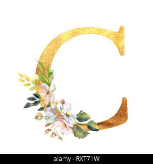 Romantische gold Buchstaben C mit gezogenen Aquarell Blumen. Elegante Emblem für Buchgestaltung, Markenname, Einladung Hochzeit dank Karte. Stockfoto