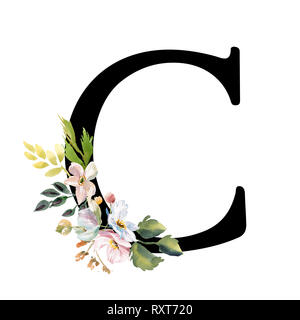 Romantische gold Buchstaben C mit gezogenen Aquarell Blumen. Elegante Emblem für Buchgestaltung, Markenname, Einladung Hochzeit dank Karte. Stockfoto