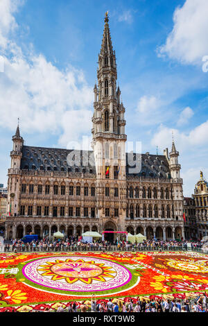 Brüssel, Belgien - 16. August 2018: Grand Place während Blütenteppich Festival. Das Thema dieses Jahres war Mexiko. Stockfoto