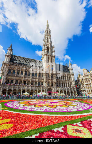 Brüssel, Belgien - 17. August 2018: Grand Place während Blütenteppich Festival. Das Thema dieses Jahres war Mexiko. Stockfoto