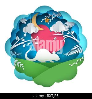 Ratte, Kaninchen Zeichentrickfiguren. Papier Landschaft. Stock Vektor