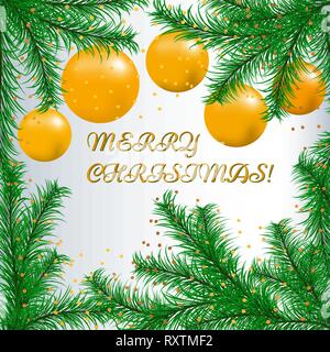 Frohes neues Jahr Karte mit Tannenzweigen und gelb Weihnachten Kugeln. Stock Vektor