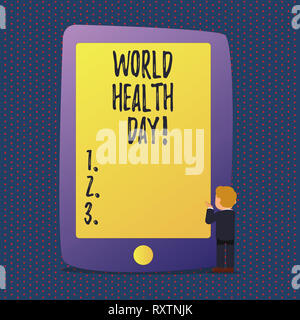 Handschrift text Weltgesundheitstag. Konzeptionelle Foto besonderes Datum für gesunde Tätigkeiten Pflege Prävention Stockfoto
