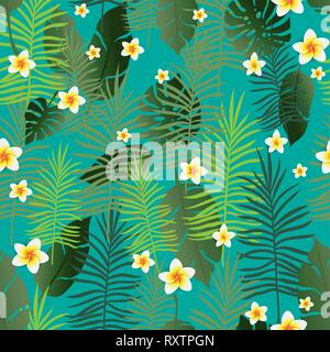 Nahtlose Muster exotische Floral Background. Tropische Blüten und Blätter Kulisse. Cartoon Grün Design für Einladung, Flyer, Plakat oder Karte. Stock Vektor