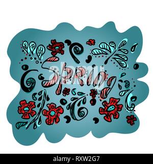 Vektor Zeichnung des Frühlings. Blume und Fantasy Pflanzen. Schwarze Kontur und farbigen Flecken von Rot und Blau. Illustration für Postkarte oder Banner. Stock Vektor