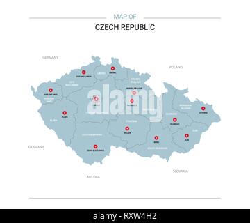 Tschechische Republik Vektorkarte. Editierbare Vorlage mit Regionen, Städte, rote und blaue Fläche auf weißem Hintergrund. Stock Vektor