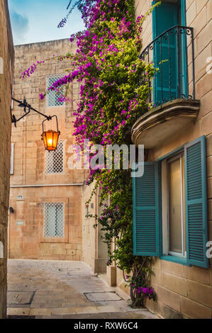 Mdina, Malta: traditionellen maltesischen Haus mit künstlerischen Balkon und Fenster, mit hellem Lila Blumen auf den Kalkstein Mauer und Laternen abgedeckt Stockfoto