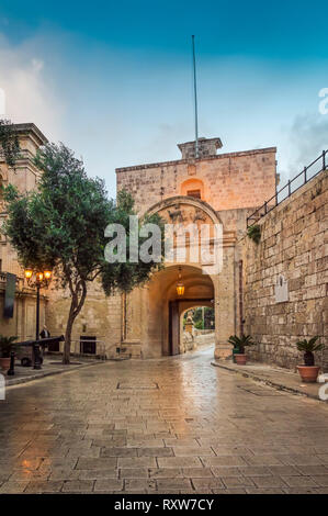 Mdina, Malta: Mdina Tor mit Kanonen und Baum als von St Publius Square mit Laternen in den frühen Abend gesehen. Mittelalterliche maltesische Architektur Stockfoto