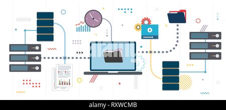 Übertragen von Daten Netzwerk Dokumente und Daten zu sichern. File Sharing, freigegebene Daten und Dokumente in flachen Design für Web Banner Vorlage oder infografik in vec Stock Vektor