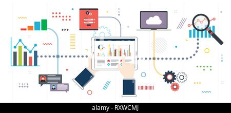 Analyse mit Wachstum Bericht, Sicherheit und Cloud Computing. Berechnungen und Grafiken der Gewinne an der Börse. In flachen Design für Web Template Stock Vektor