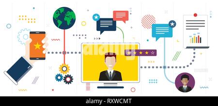 Service und Leistung. Bewertung der Online Support, Dienstleistung oder Produkt. In flachen Design für Web Banner Vorlage Stock Vektor