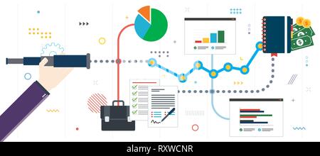 Business Vorhersage, Vision, Wachstum und Erfolg. Hand mit lunette Analyse Investitionen Charts. Finanzielle Investitionen, Wachstum, Erfolg und verdienen Mone Stock Vektor