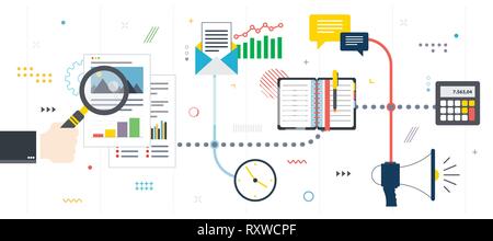 Die Investition in neue Business, Analyse und Bericht. Die Berechnung der Rate, Investitionen und Steuern. Analyse von Dokumenten mit Diagrammen. Flache Bauform für Wir Stock Vektor