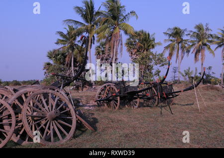 Alte Ochsenkarren Friedhof & Zucker Palmen während der trockenen Jahreszeit, Kampong Thom Provinz, Kambodscha. © kraig Lieb Stockfoto